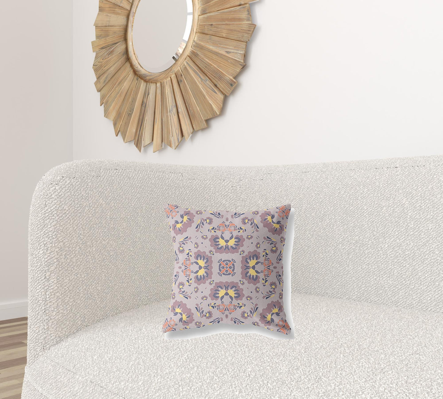 16" X 16" Muted Purple And Yellow Floral Blown Seam Suede Throw Pillow
