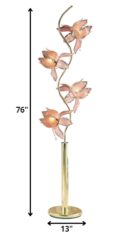 76" Gold Four Light LED Novelty Floor Lamp with Pink Stained Glass Novelty Shade