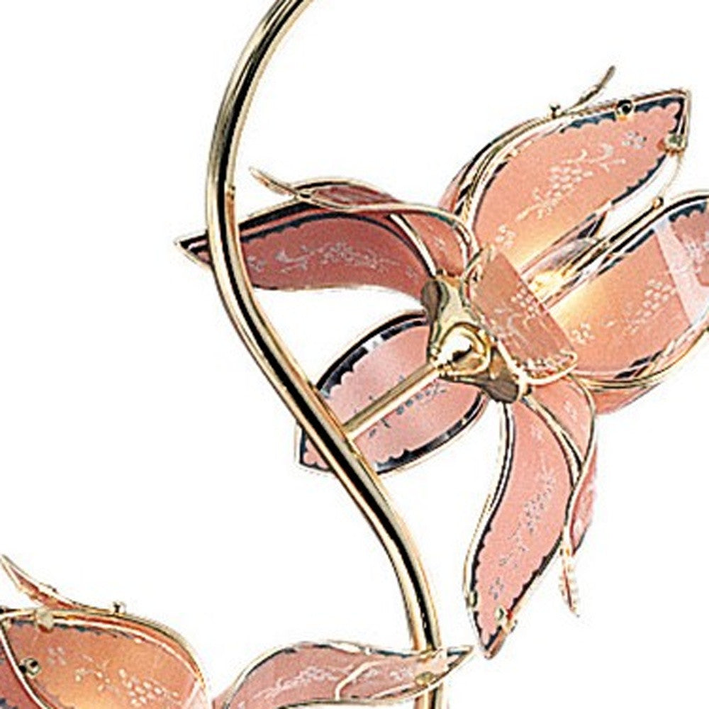 76" Gold Four Light LED Novelty Floor Lamp with Pink Stained Glass Novelty Shade