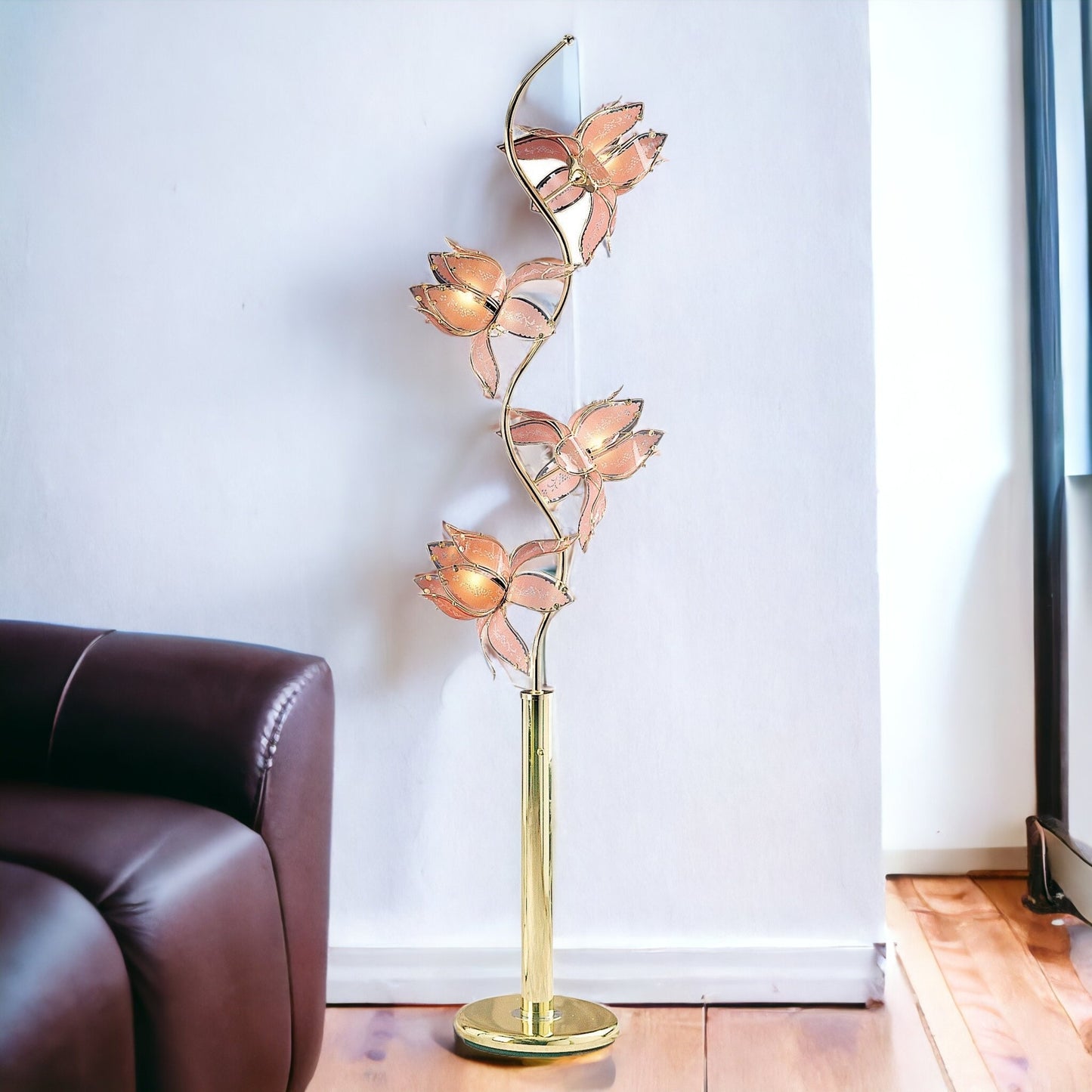 76" Gold Four Light LED Novelty Floor Lamp with Pink Stained Glass Novelty Shade