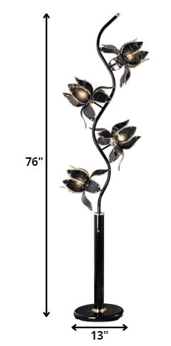76" Black Four Light LED Novelty Floor Lamp With Black Flowers Novelty Shade