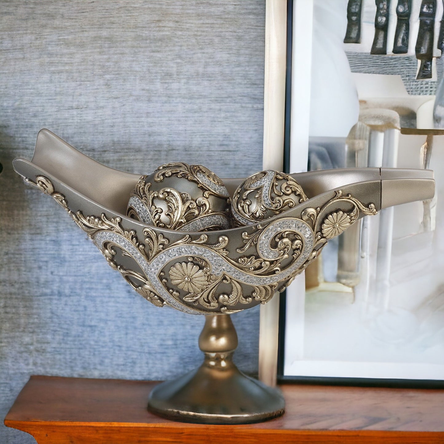 8" Silver Polyresin Filigree Decorative Bowl With Orbs