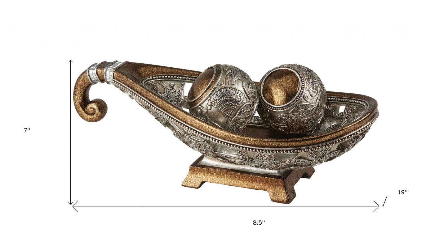 7" Gold And Silver Polyresin Decorative Bowl With Orbs
