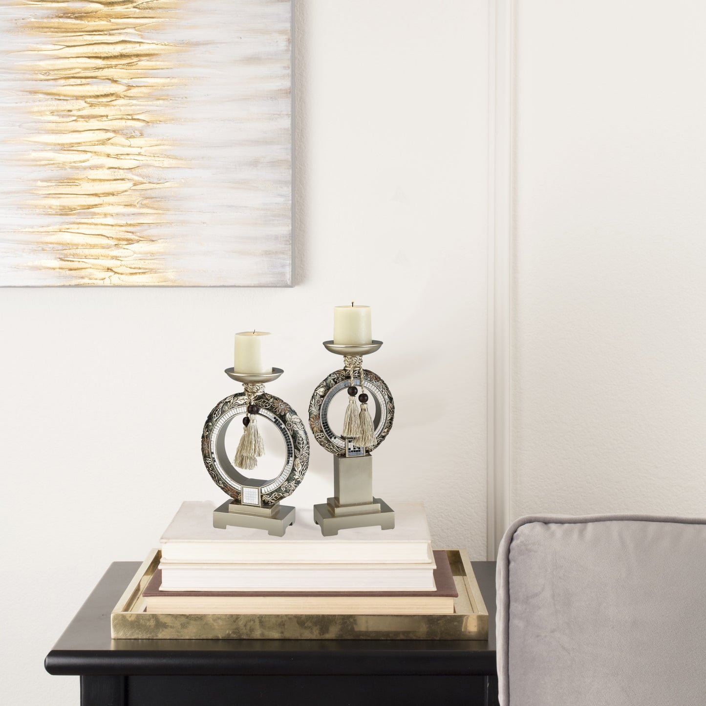 Set Of Two Gold Tabletop Pillar Candle Holder