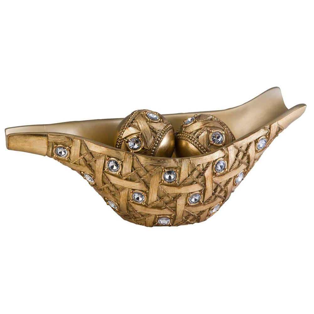 8" Gold and Faux Crystal Woven Polyresin Decorative Bowl With Orbs