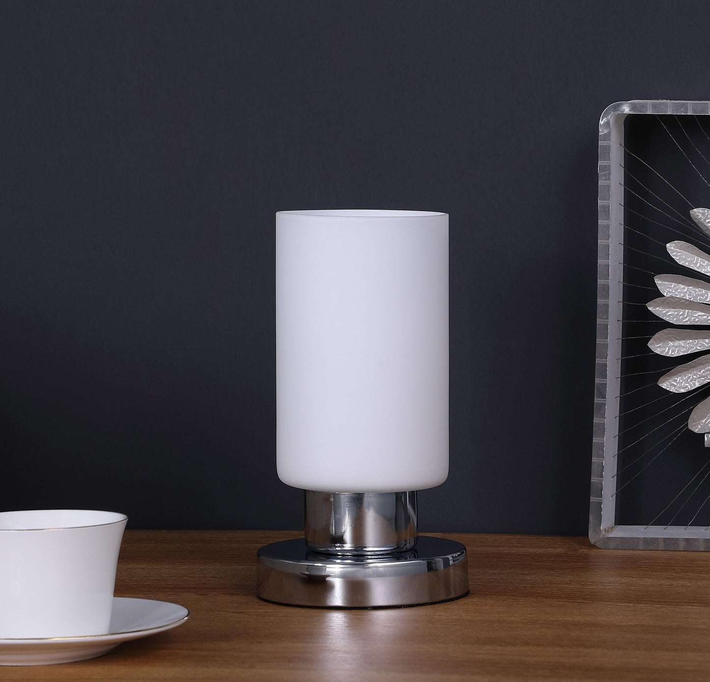 9" Silver Bedside Table Lamp With White Drum Shade