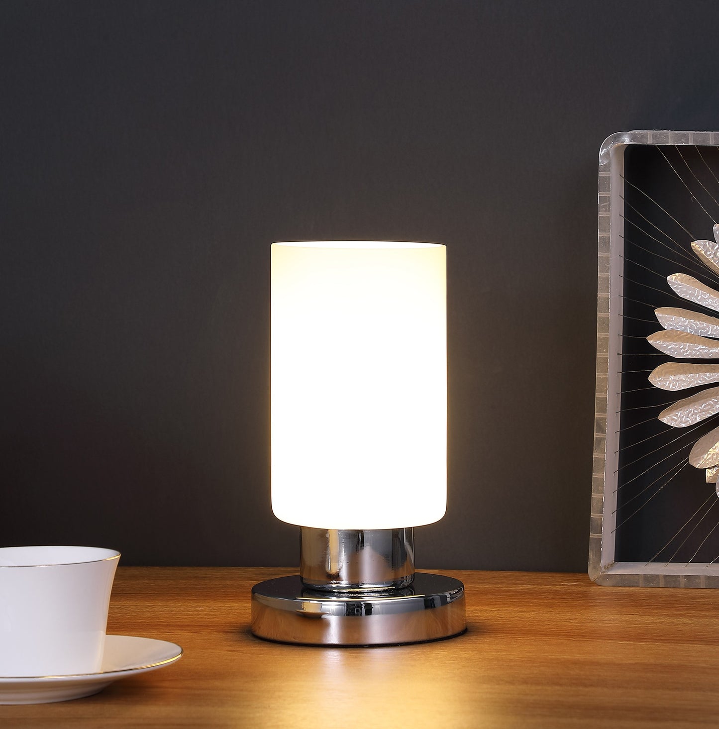 9" Silver Bedside Table Lamp With White Drum Shade