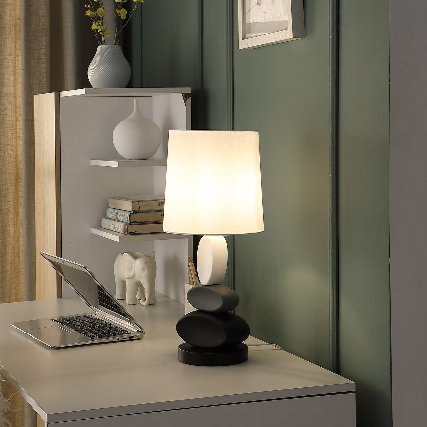 19" Black Bedside Led Table Lamp With White Empire Shade