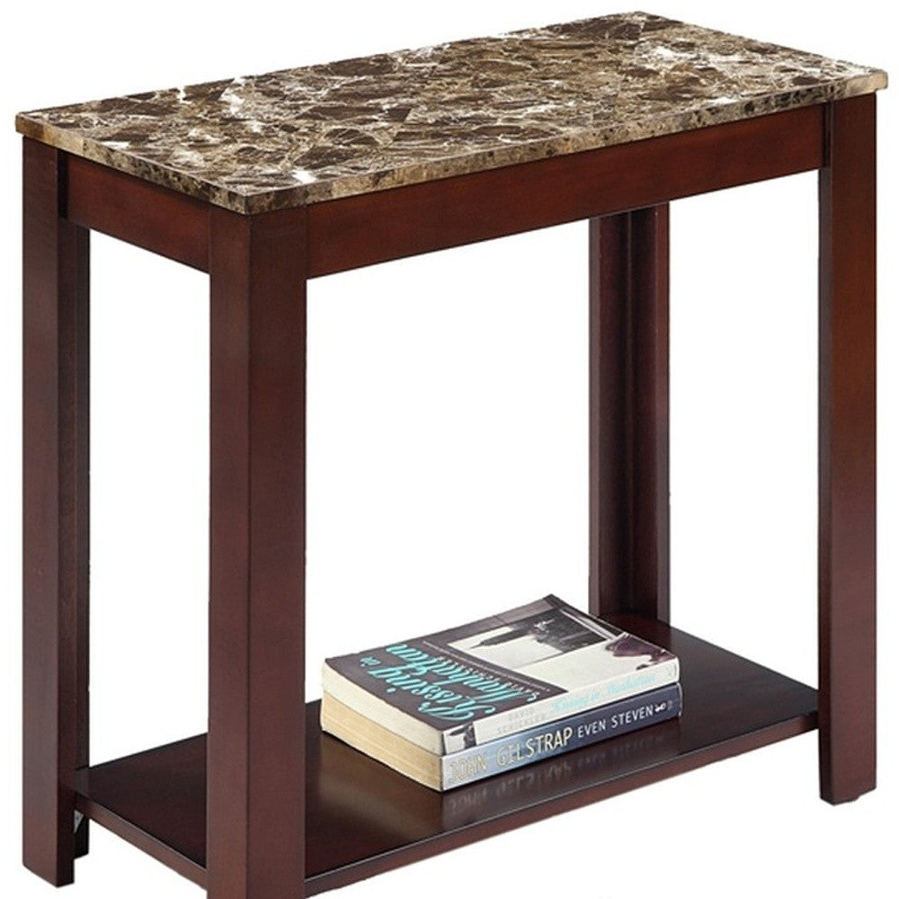 24" Brown Faux Marble End Table With Shelf