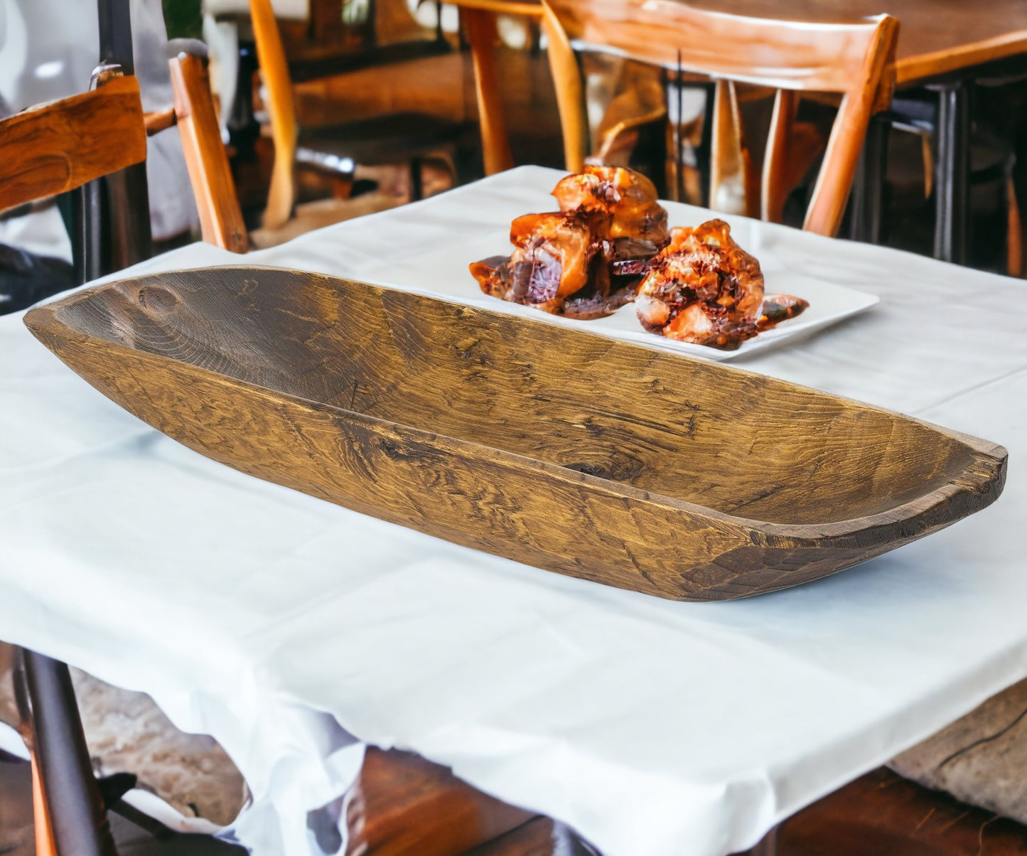 20" Rustic Brown and Natural Handcarved Thin Oval Centerpiece Bowl