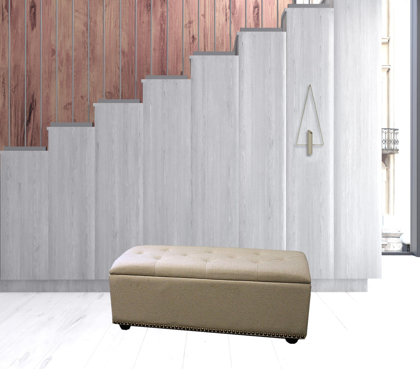 17" Beige and Black Upholstered Microfiber Bench with Flip top