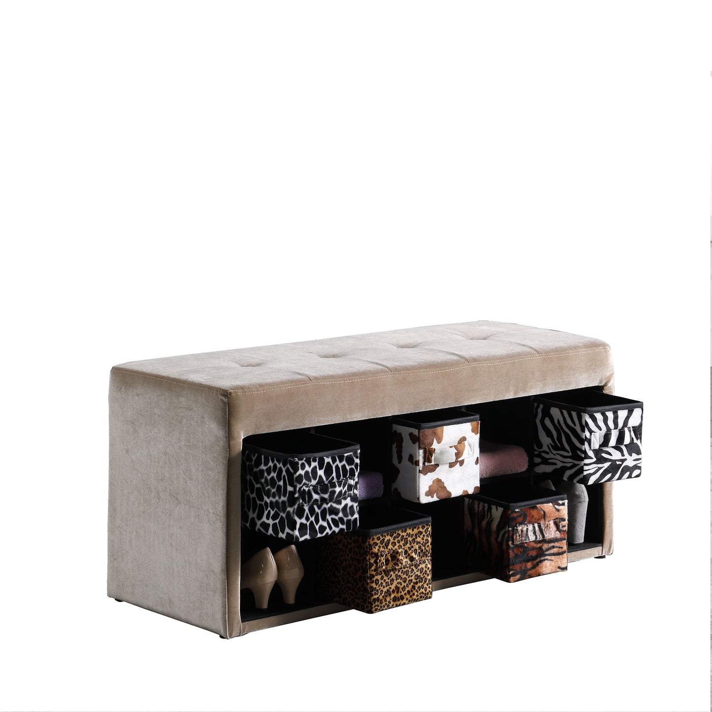 16" Black And Beige Upholstered 100% Polyester Entryway Bench With Shelves