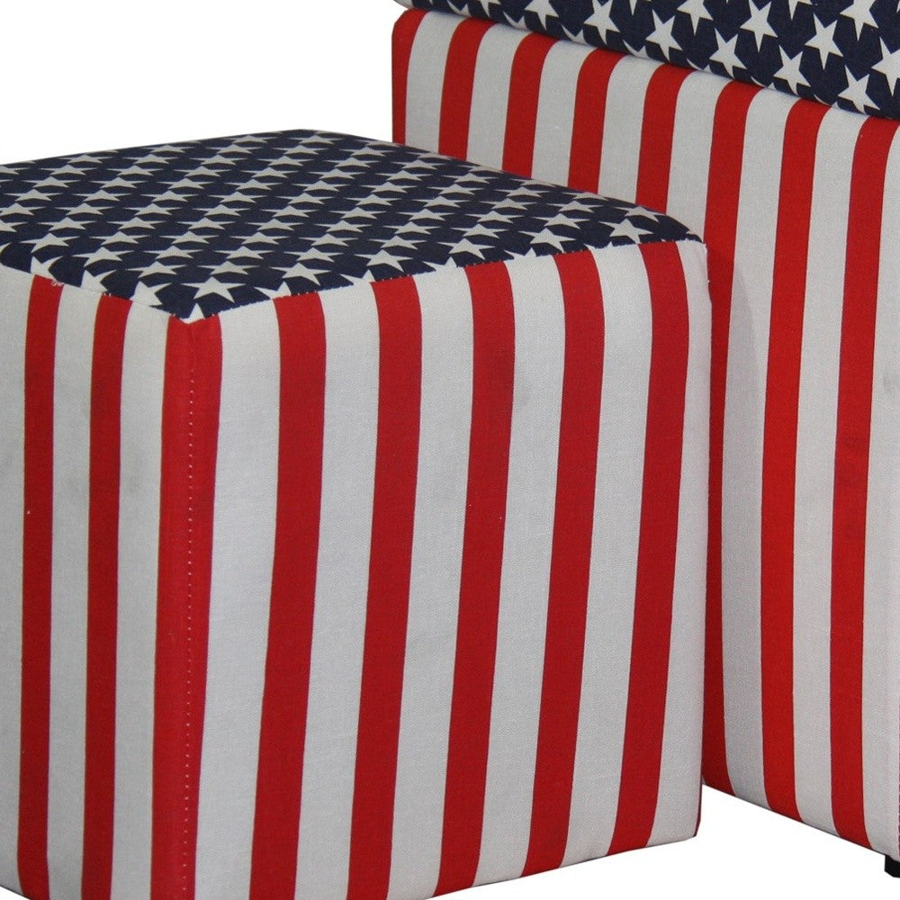 18" Blue And White Polyester Blend Tufted Cube Ottoman