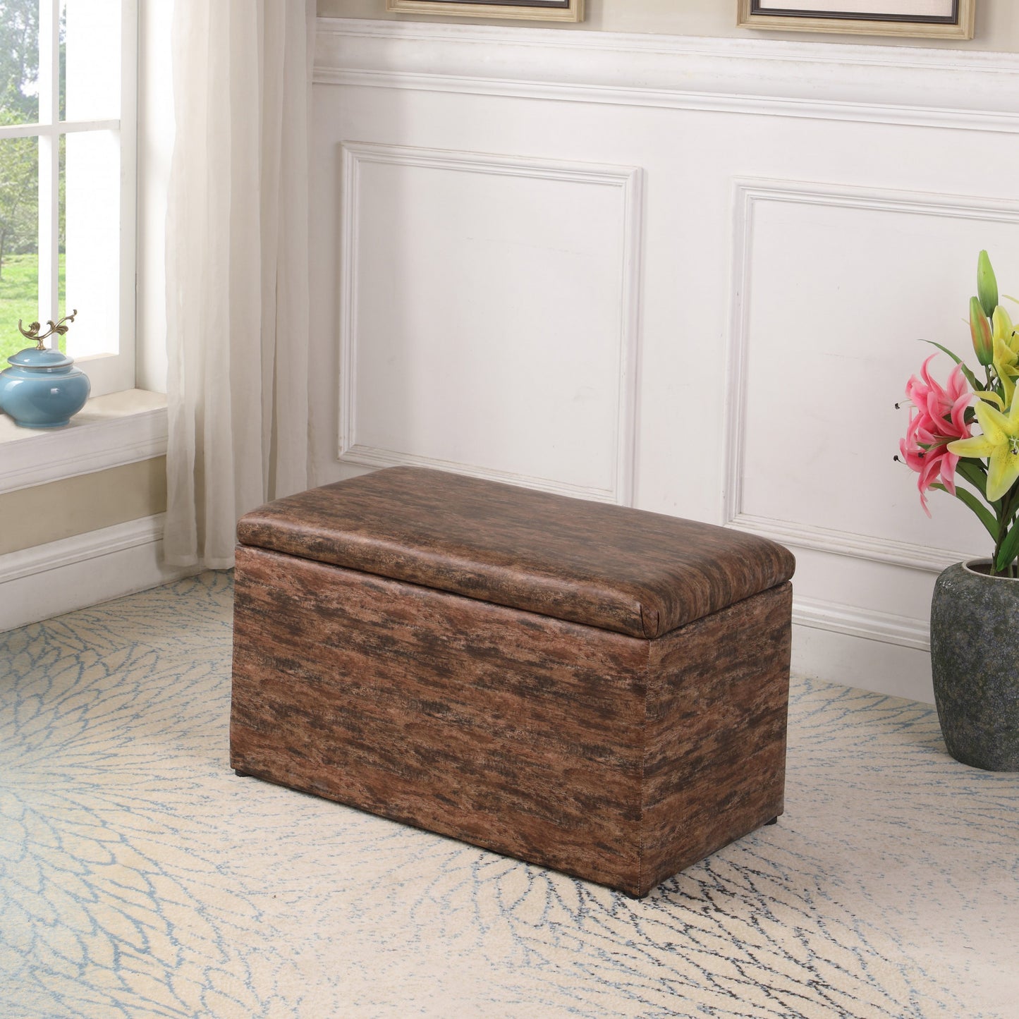 17" Brown Upholstered Faux Leather Bench with Flip top