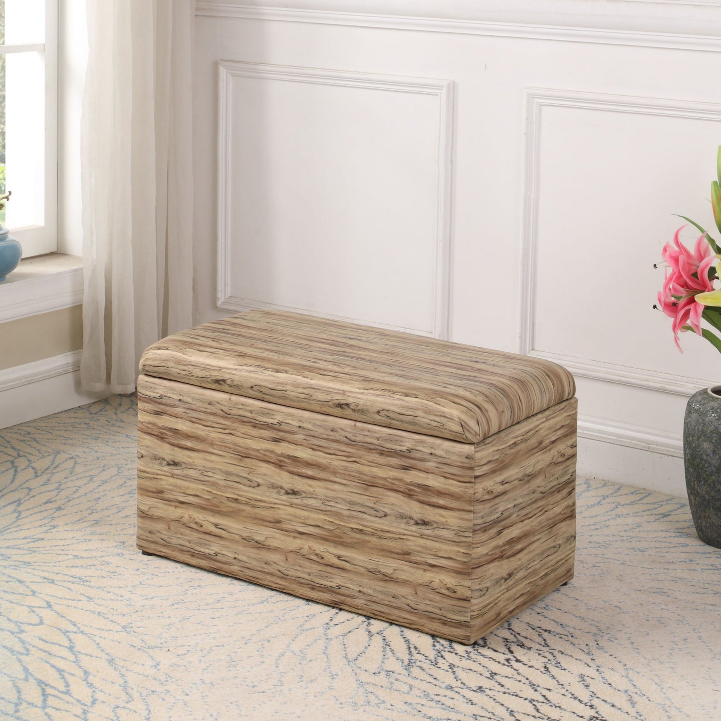 17" Beige and Brown Upholstered Faux Leather Bench with Flip top