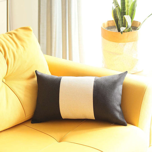 12" X 20" Black And Grey Geometric Zippered Handmade Polyester Lumbar Pillow Cover