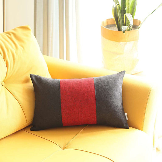 12" X 20" Black And Red Geometric Zippered Handmade Polyester Lumbar Pillow Cover
