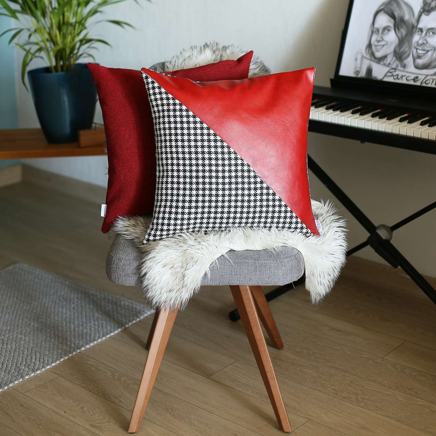 18" X 18" Black And Red Houndstooth Zippered Handmade Polyester Throw Pillow Cover