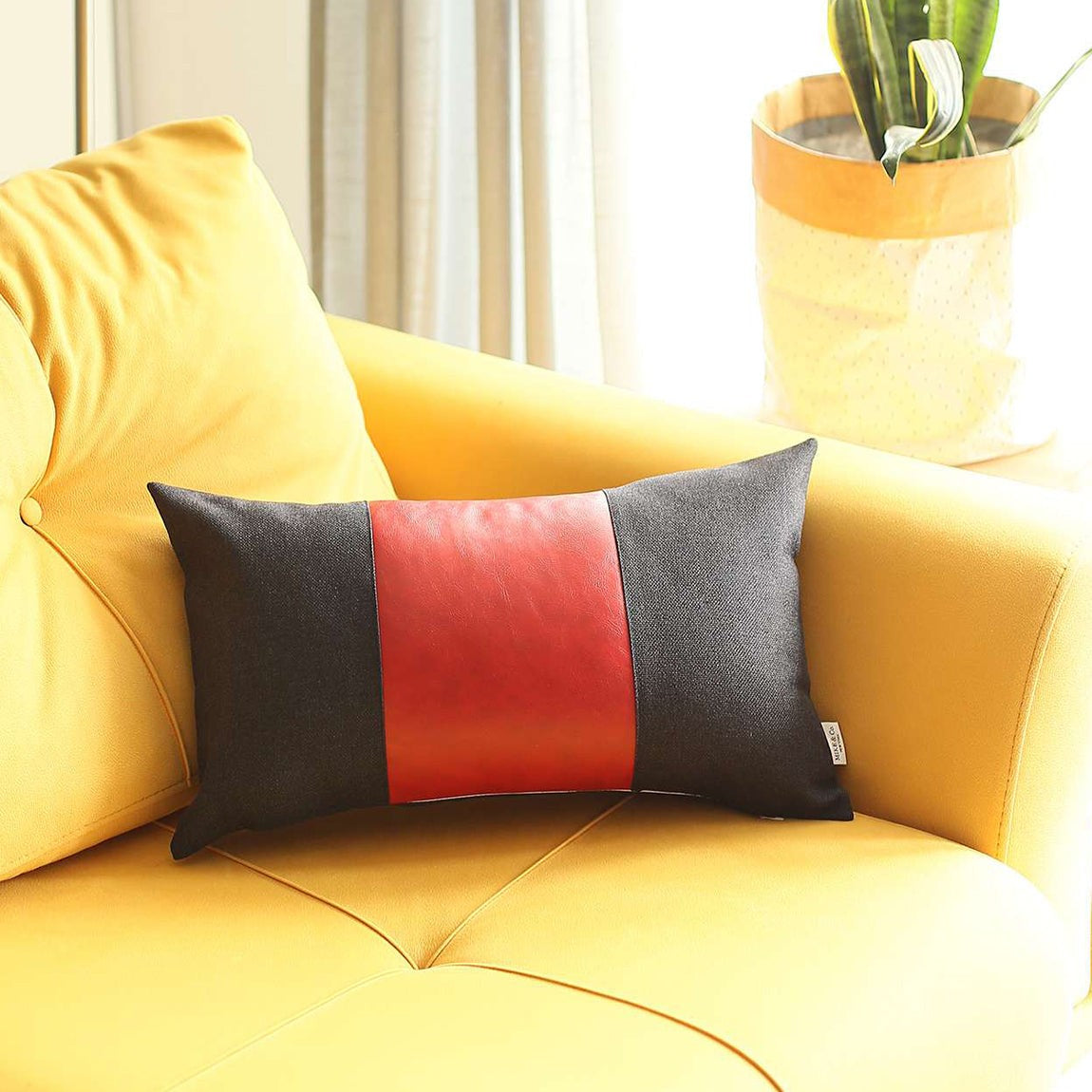 12" X 20" Black And Red Geometric Zippered Handmade Polyester Lumbar Pillow Cover