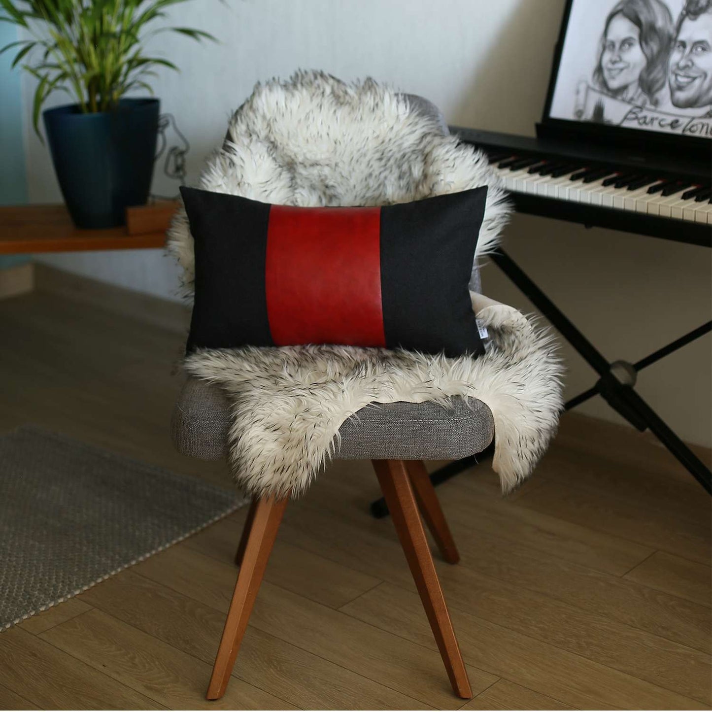 12" X 20" Black And Red Geometric Zippered Handmade Polyester Lumbar Pillow Cover