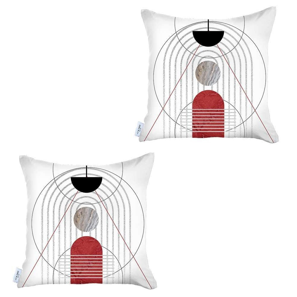 Set Of Two 18" X 18" Black And Red Abstract Zippered Handmade Polyester Throw Pillow