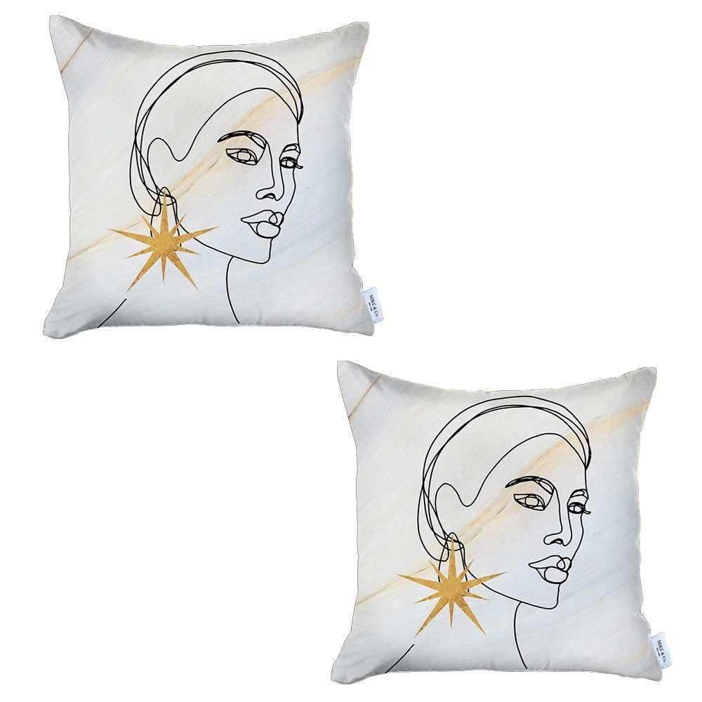 Set Of Two 18" X 18" White Black And Gold Abstract Zippered Handmade Polyester Throw Pillow