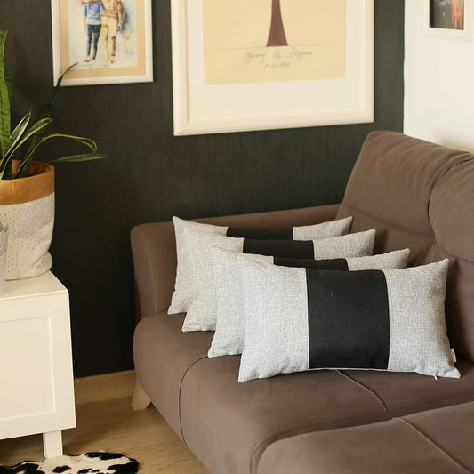 Set Of Four 20" X 12" Grey And Black Geometric Zippered Handmade Polyester Lumbar Pillow