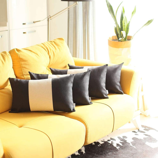 Set Of Four 20" X 12" Black And Grey Geometric Zippered Handmade Polyester Lumbar Pillow