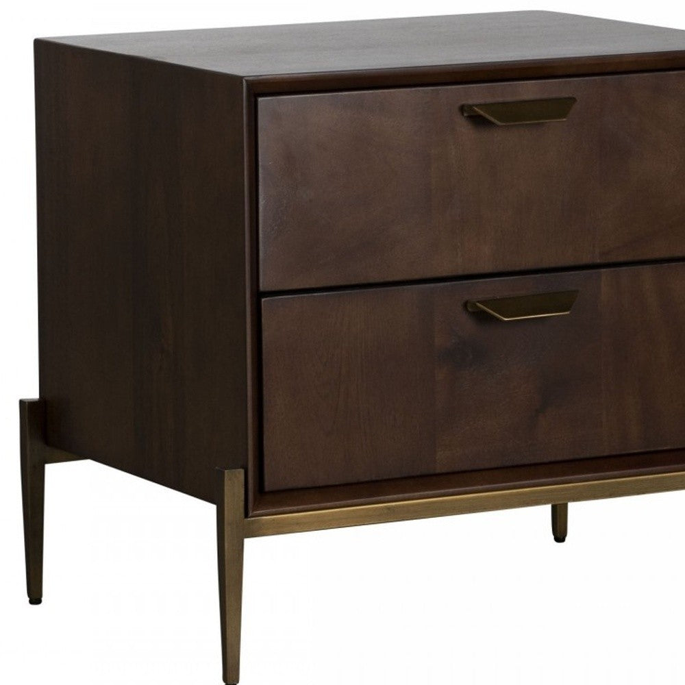 22" Brass Two Drawers Solid Wood Nightstand