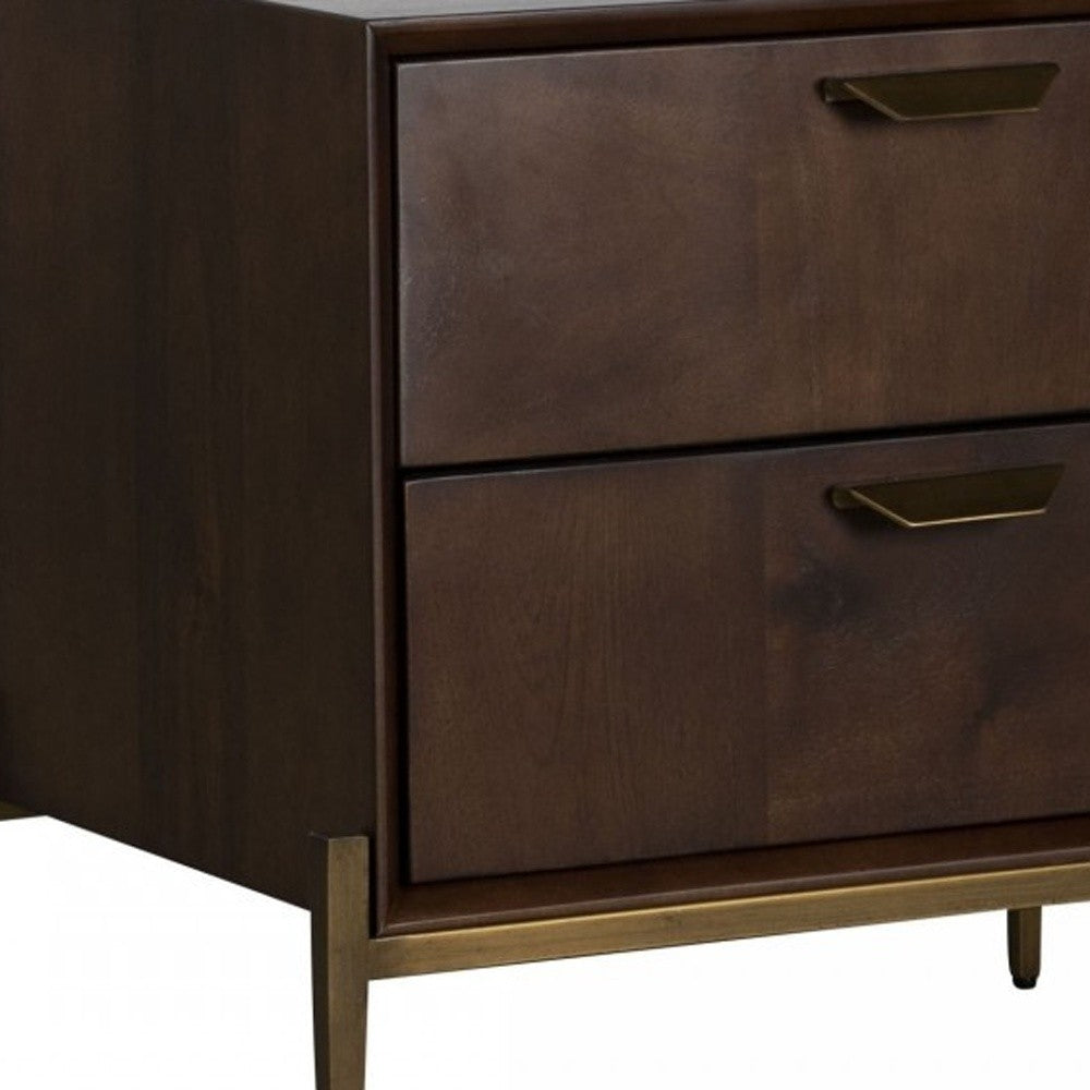 22" Brass Two Drawers Solid Wood Nightstand