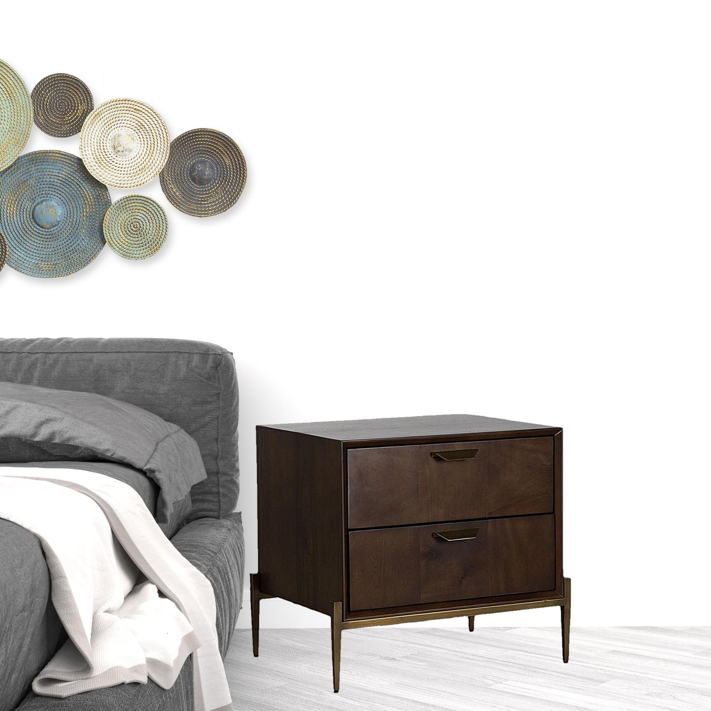 22" Brass Two Drawers Solid Wood Nightstand