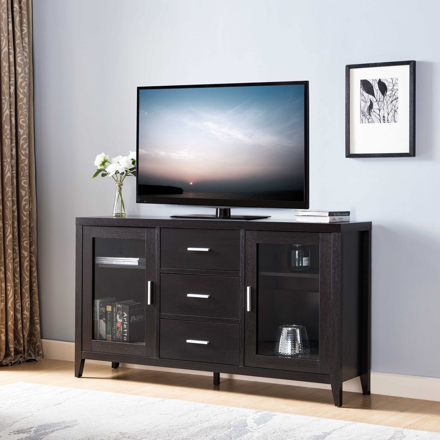 60" Dark Brown Particle Board And Mdf Cabinet Enclosed Storage TV Stand