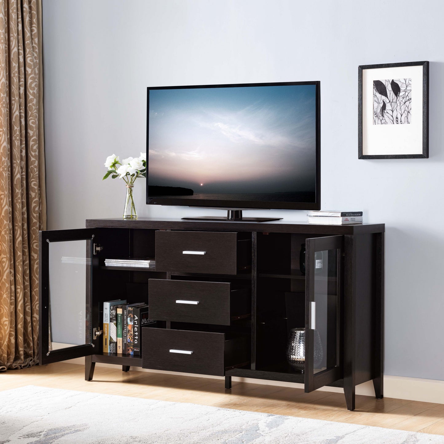 60" Dark Brown Particle Board And Mdf Cabinet Enclosed Storage TV Stand