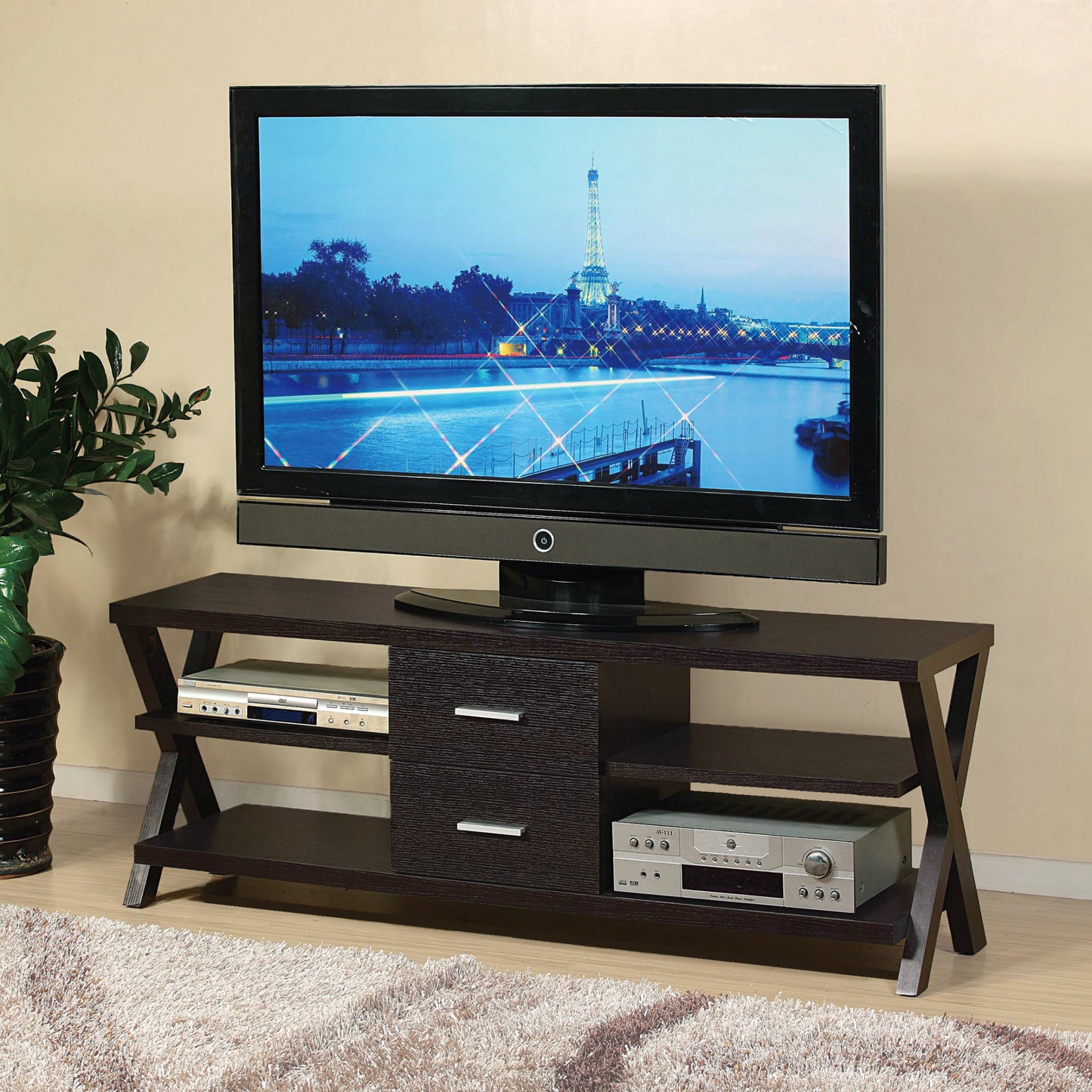 60" Dark Brown Particle Board And Mdf Cabinet Enclosed Storage TV Stand