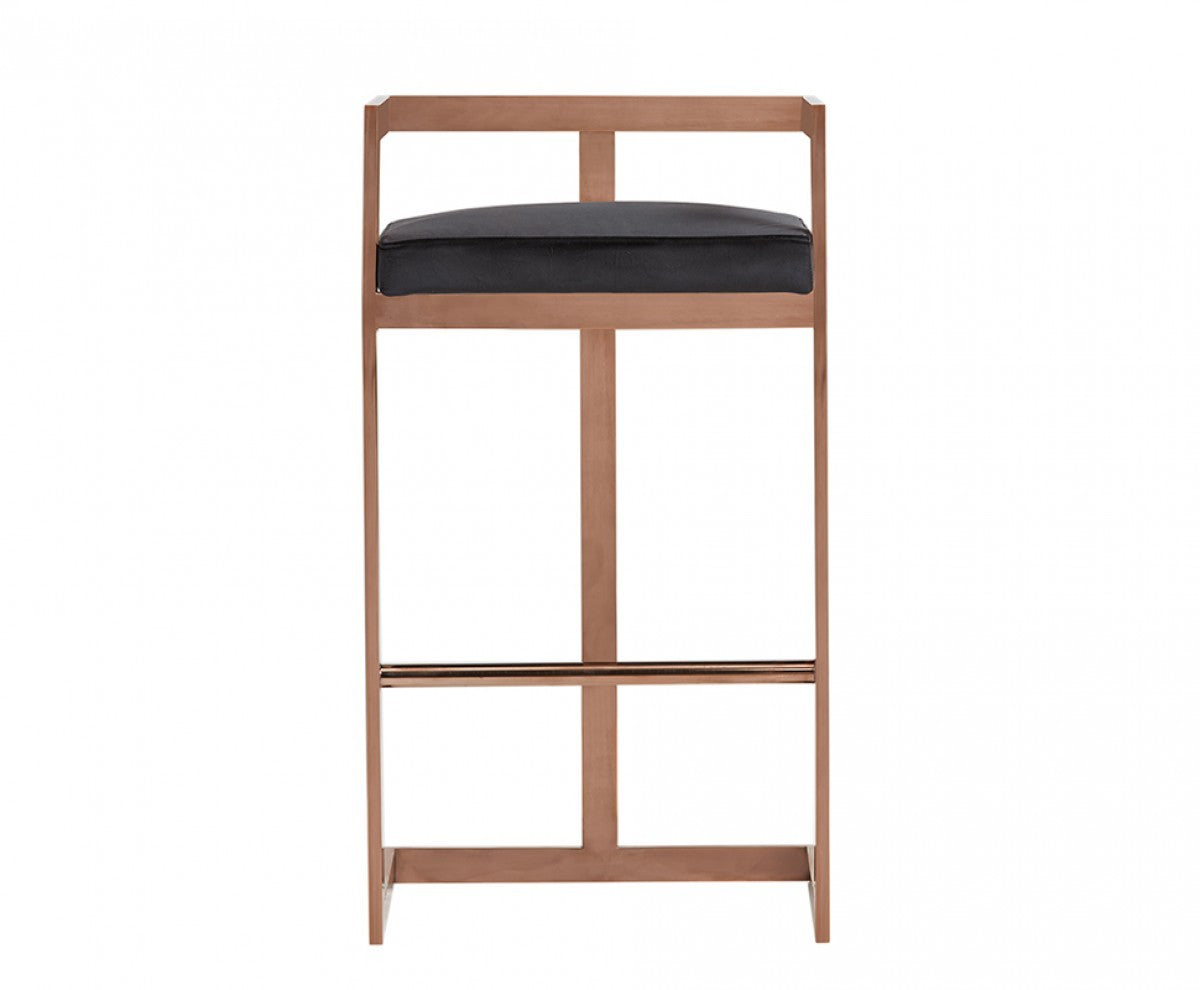 35" Black Velvet And Rosegold Low Back Bar Height Chair With Footrest