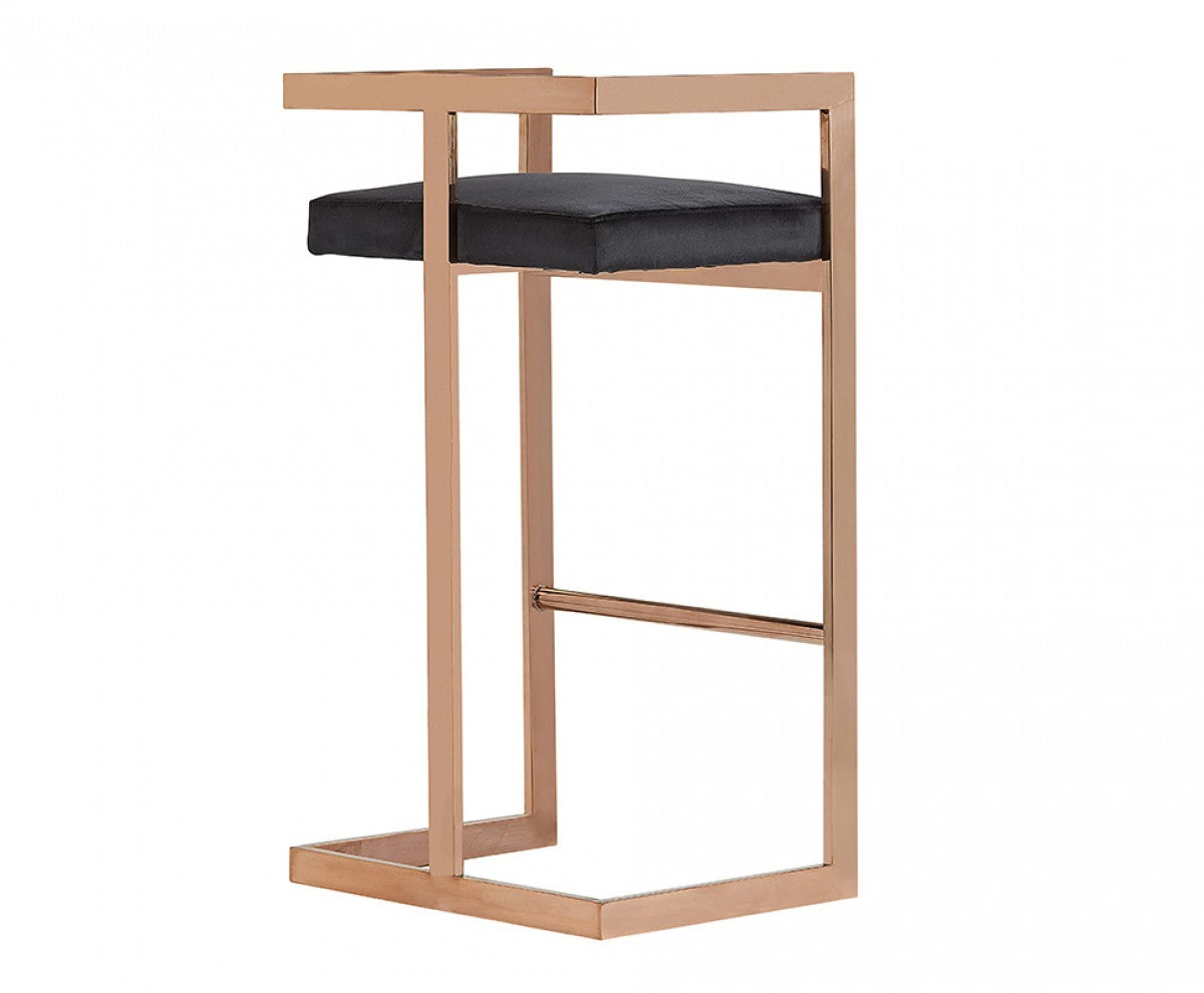 35" Black Velvet And Rosegold Low Back Bar Height Chair With Footrest