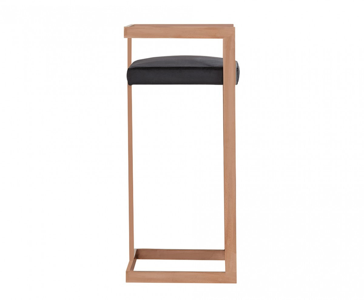 35" Black Velvet And Rosegold Low Back Bar Height Chair With Footrest