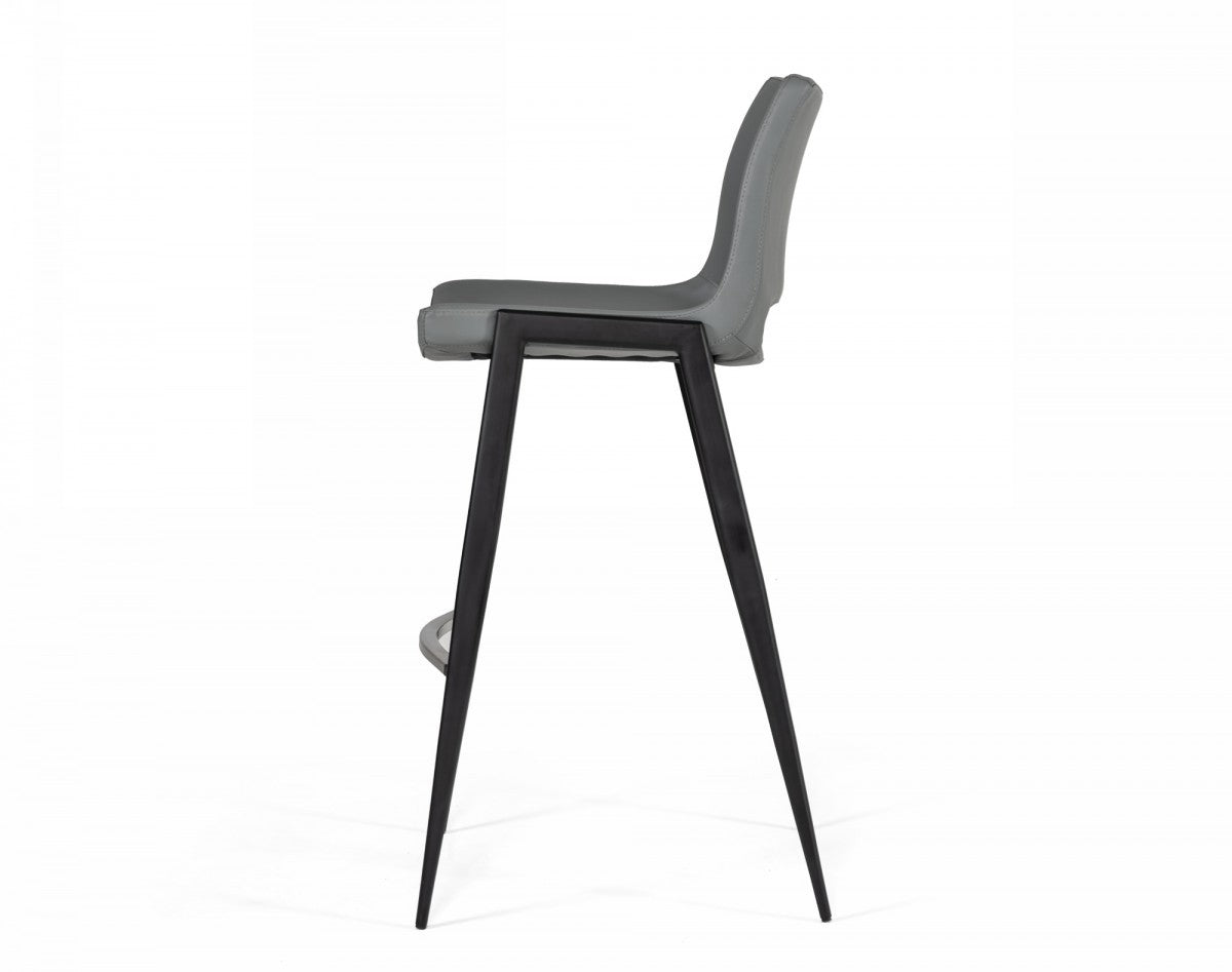 Set Of Two 42" Grey Faux Leather And Stainless Steel Bar Height Chairs With Footrest
