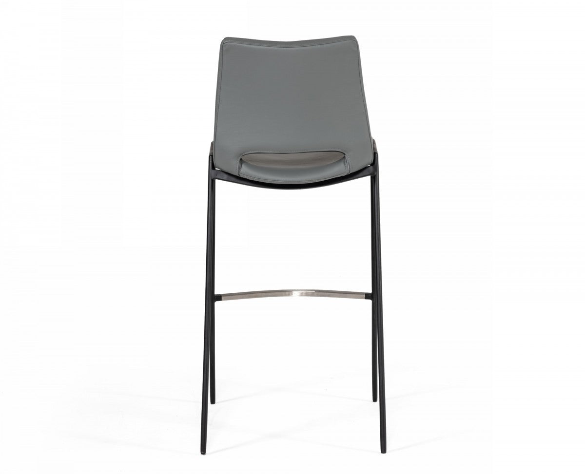 Set Of Two 42" Grey Faux Leather And Stainless Steel Bar Height Chairs With Footrest