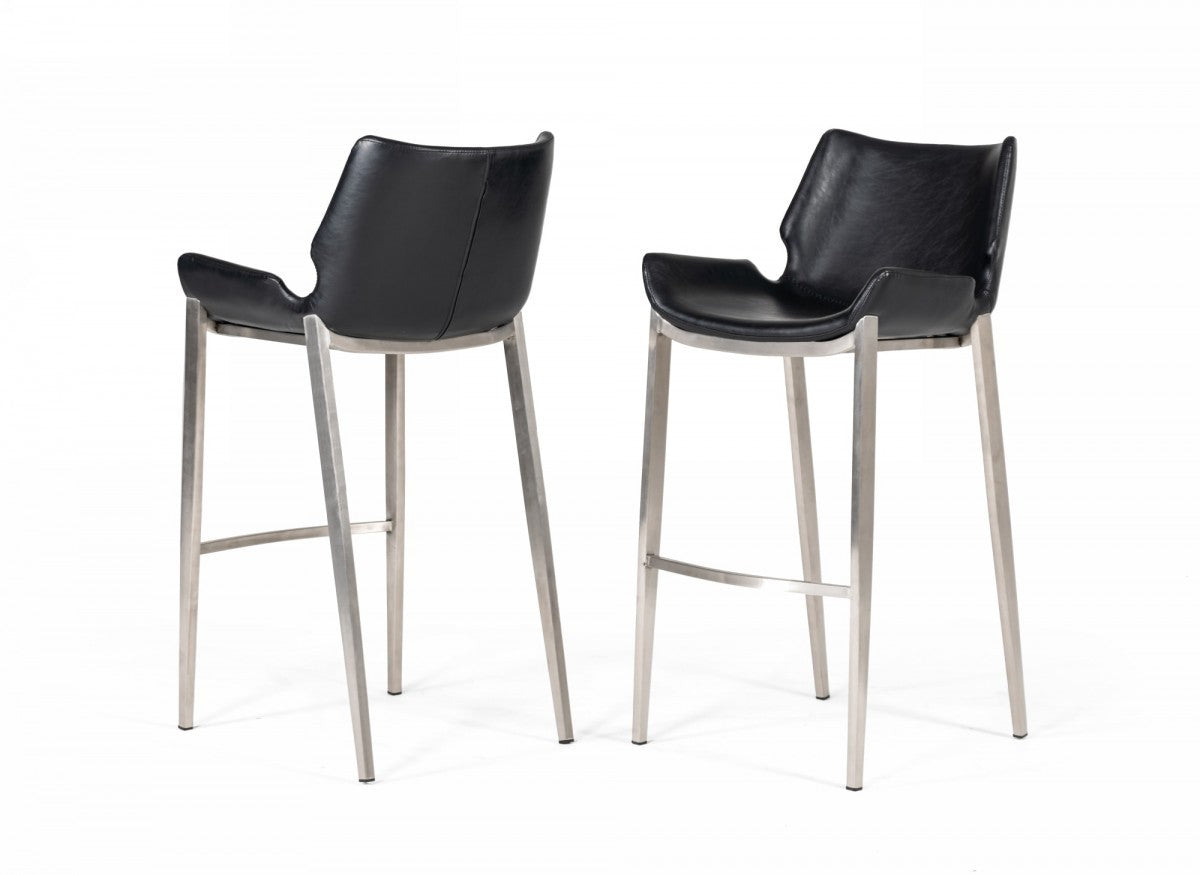 Set Of Two 42" Black Faux Leather And Steel Low Back Bar Height Chairs With Footrest