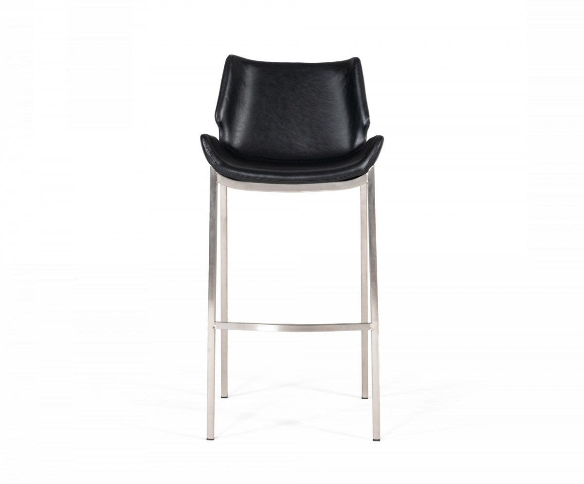 Set Of Two 42" Black Faux Leather And Steel Low Back Bar Height Chairs With Footrest