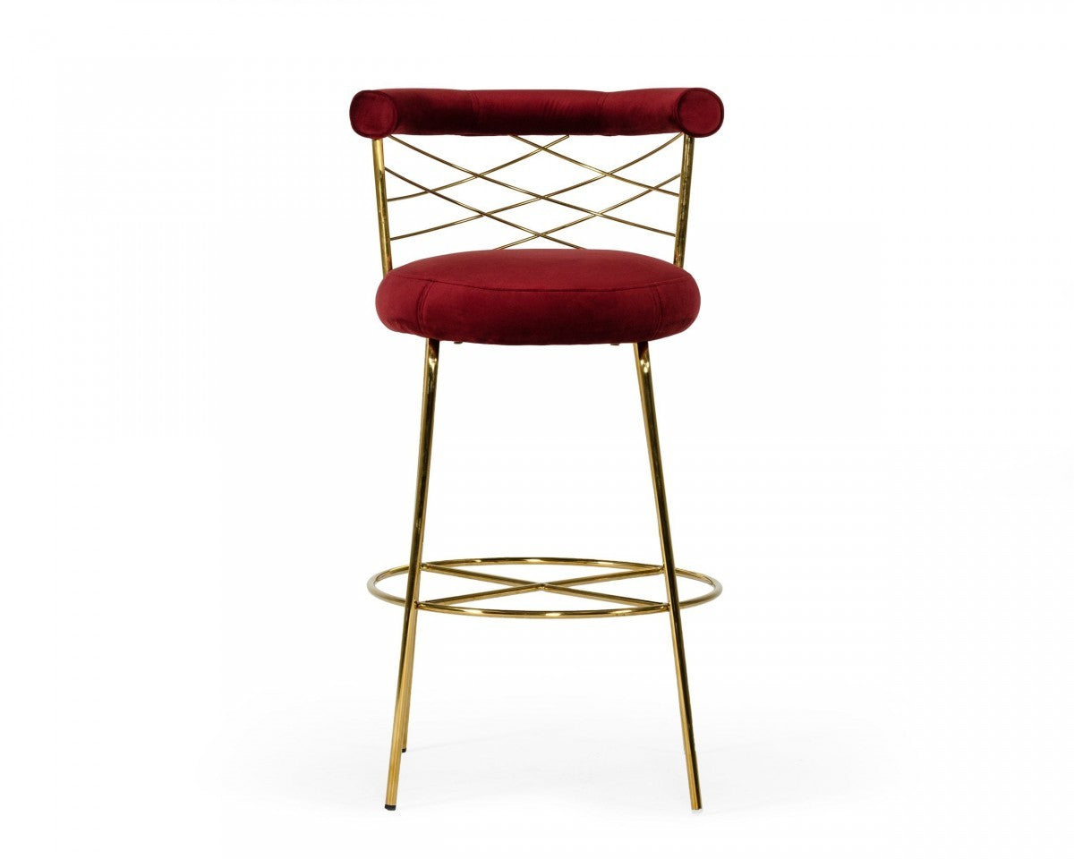 39" Red And Gold Velvet Low Back Bar Height Chair With Footrest