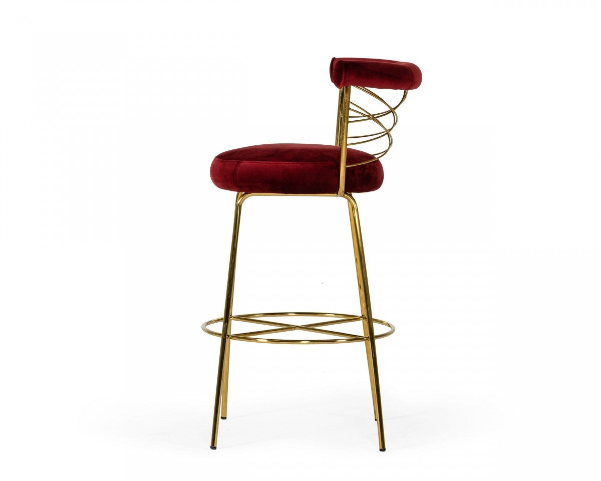 39" Red And Gold Velvet Low Back Bar Height Chair With Footrest