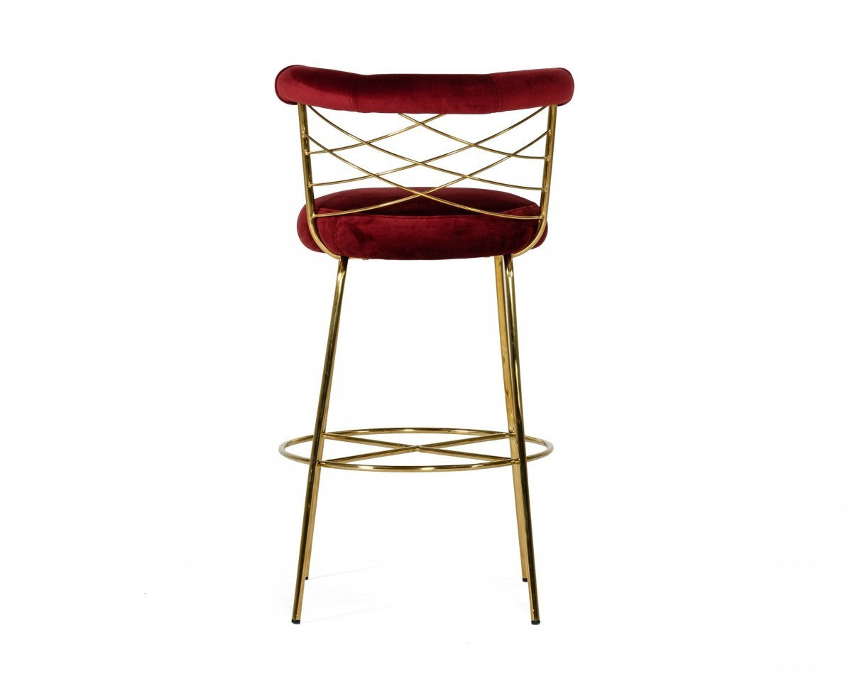 39" Red And Gold Velvet Low Back Bar Height Chair With Footrest
