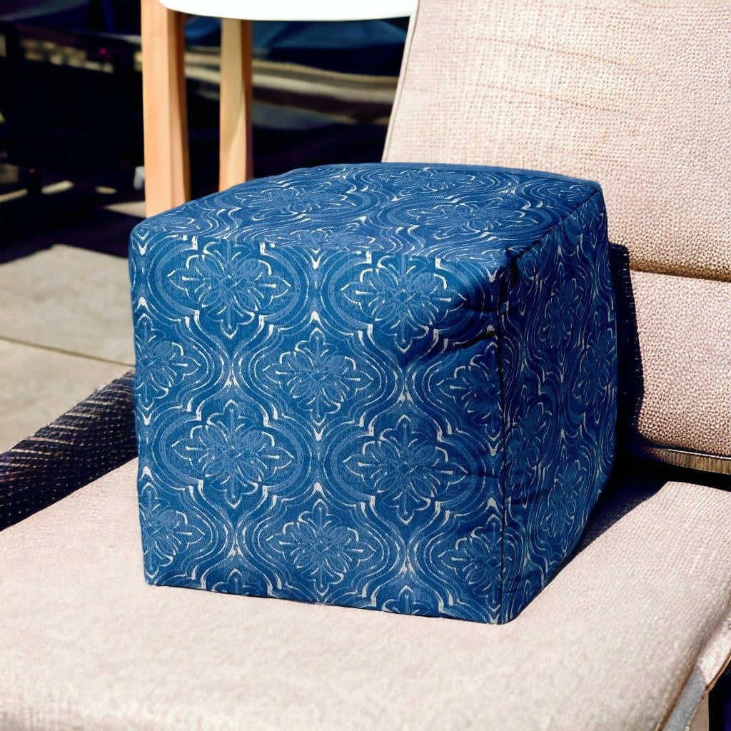 17" Blue and White Polyester Cube Damask Indoor Outdoor Pouf Ottoman