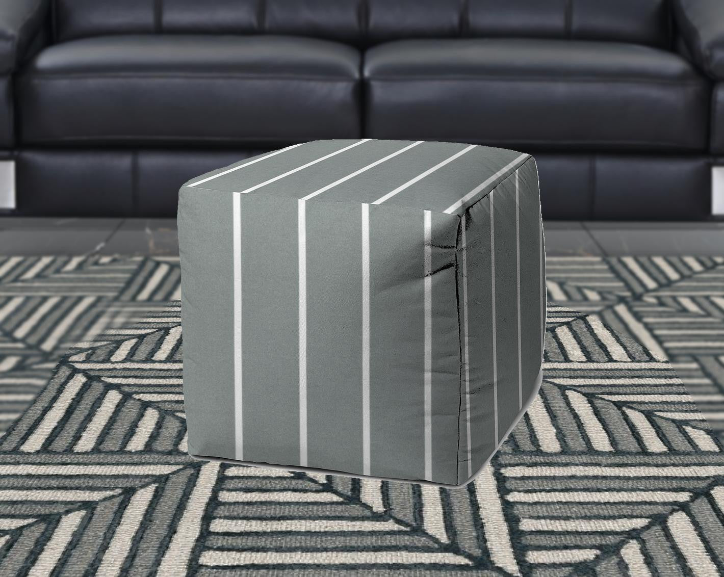 17" Gray Polyester Cube Striped Indoor Outdoor Pouf Ottoman