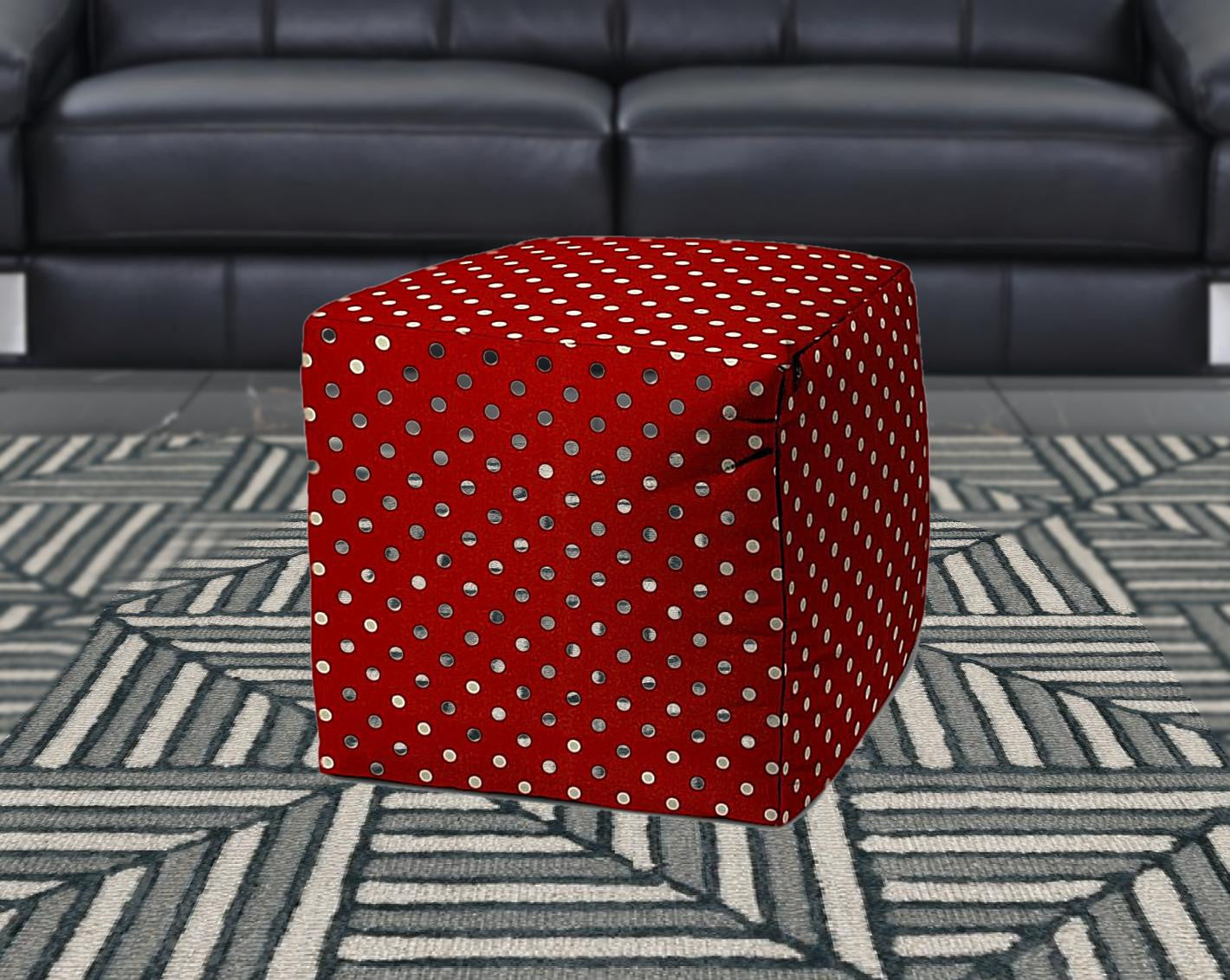 17" Red Polyester Cube Polka Dots Indoor Outdoor Pouf Ottoman