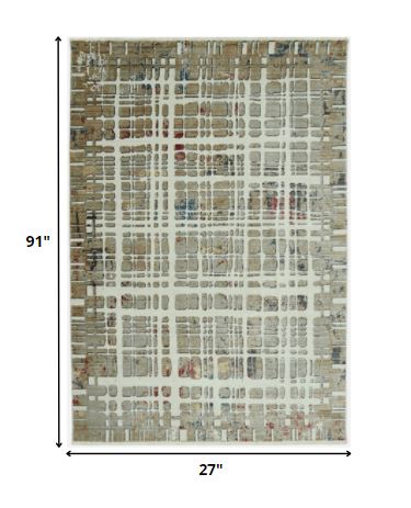 8' Ivory Abstract Dhurrie Runner Rug