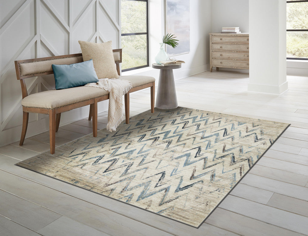 5' X 8' Ivory Chevron Dhurrie Area Rug