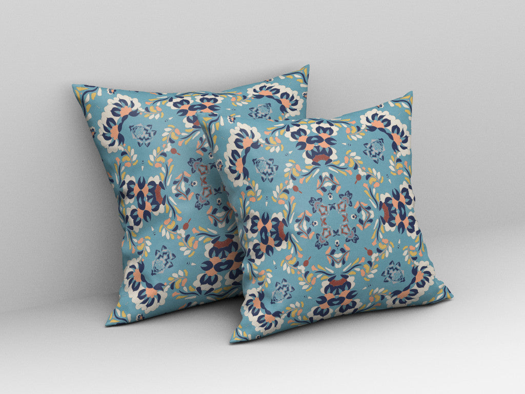 18" X 18" Gray And Blue Blown Seam Suede Geometric Throw Pillow